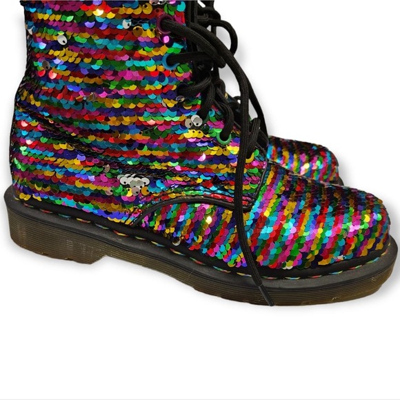 Dr Doc Martens Pascal Boots Sequin Rainbow / Silver Moto Size 5 UK / 7 Women's - Picture 7 of 12
